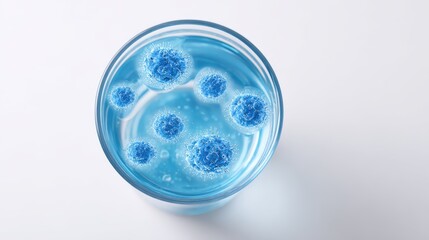 A close-up of a glass of clear water with microscopic bacteria floating inside, symbolizing unsafe water. Contaminated drinking water.