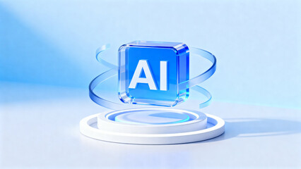 A transparent blue cube with 'AI' text, encircled by glowing rings on a white base against a soft blue background.