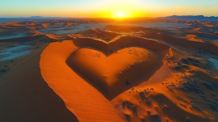 A beautiful heart shaped dune glows orange as the sun sets in the distant sky