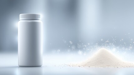 White plastic container filled with powder stands beside a small mound of the same powder on a reflective surface, creating a clean and minimalistic product display for commercial use