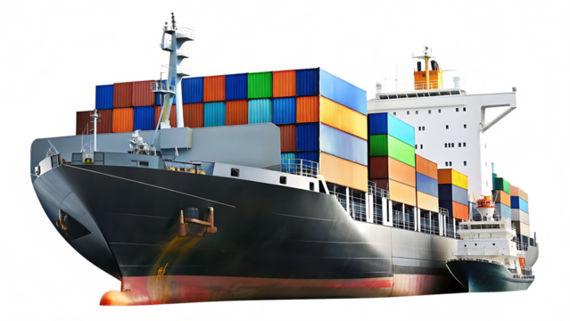 Large cargo ship loaded with colorful shipping containers at sea container ship freight isolated on a transparent background