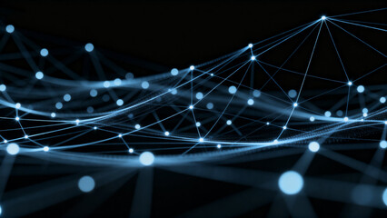 Abstract digital network with interconnected nodes and glowing lines on a dark background
