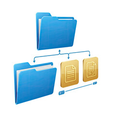 Data Organization Hierarchy of Blue Folders Connected to Gold Document Icons on a Blue and Gold Gradient Background Digital Illustration