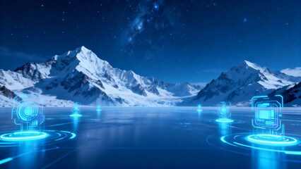 Futuristic digital interface overlay on a snowy mountain landscape under a starry night sky