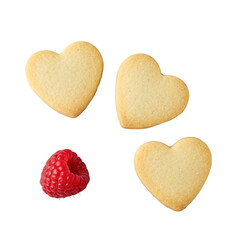 Obraz premium Three delicate golden-brown heart-shaped shortbread cookies with a single dewy crimson raspberry on a seamless transparent background, bright high-key studio lighting, isolated product concept