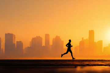 Fototapeta premium Marathon Runner Silhouette at Dawn with Urban Cityscape Background
