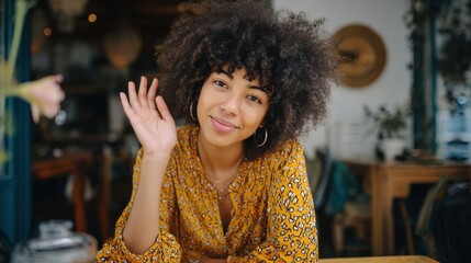 pretty young african american mixed race hipster vlogger woman with afro hair waving hand looking at webcam talking to camera sits at cafe table video calling recording blog headshot portrait no logo