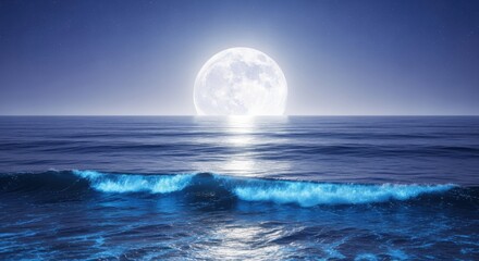 Luminous full moon reflecting on a calm ocean surface isolated on white background