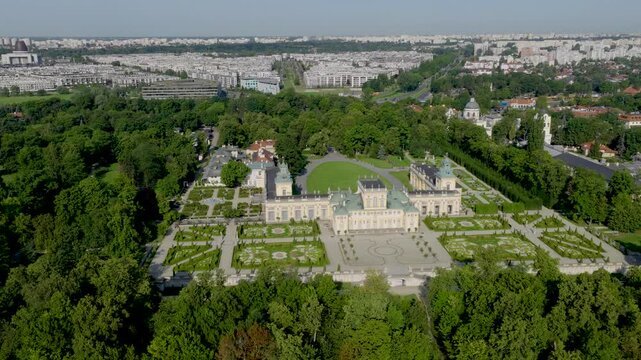 Wilanow Royal Palace of king Jan III Sobieski within surrounding garden and park with panoramic view of metropolitan Warsaw in Poland