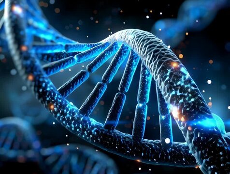 "High resolution 4K, cinematic 3D animation of a DNA double helix slowly rotating in place. The motion is smooth and continuous