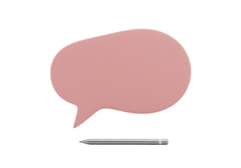Empty, elegantly sculpted, organic pink speech bubble centered, sleek silver stylus alongside, on transparent, high-key studio light, Concept for modern communication interface