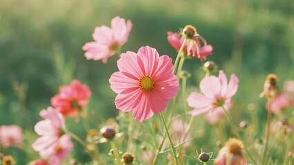 Obraz premium Pink cosmos flowers blooming in a sunny meadow with soft green background