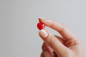 A small, vibrant red heart-shaped candy held delicately in a hand against a neutral backdrop.