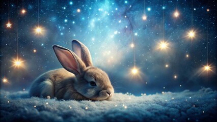 A Peaceful Bunny Resting in a Magical Winter Night Scene Underneath a Starry Sky