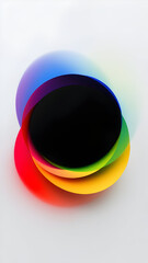 Abstract depiction of overlapping colorful circles with a dominant black circle in the center view