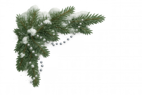 Christmas fir branch corner with snow and silver beads, creating a festive winter holiday decoration, transparent background