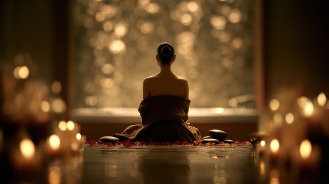 a tranquil spa scene with a woman enjoying a hot stone massage surrounded by soft candlelight perfect for advertising relaxation wellness beauty and luxury spa services