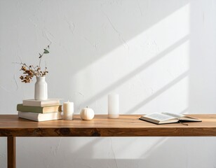 白い壁と観葉植物　木製テーブルには本やキャンドル　生成AIイラスト