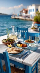 Greek tavern table set for lunch with traditional food, overlooking the sunny aegean sea