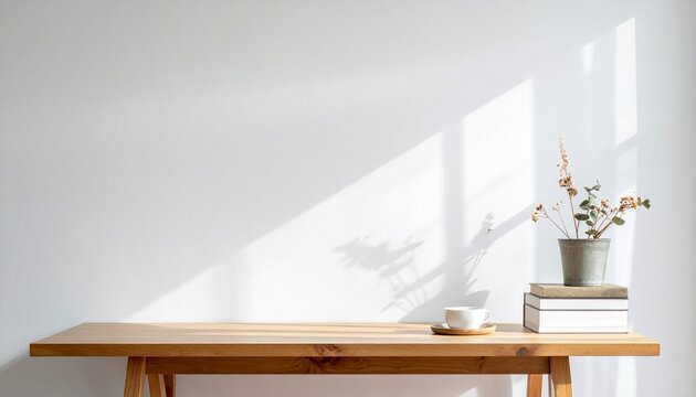 白い壁と観葉植物 木製テーブルには本やキャンドル 生成AIイラスト