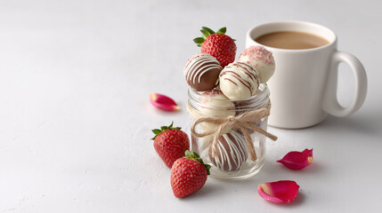Sweet Treats and a Moment of Calm: Indulge in the simple pleasures of life with this appetizing composition of delectable strawberry cake pops, fresh ripe strawberries, and a warm cup of coffee