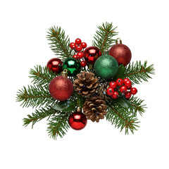 Meticulously arranged cluster of vibrant evergreen, glossy red & emerald baubles, pinecones, and red berries with glitter on a transparent studio background, pristine holiday decor concept