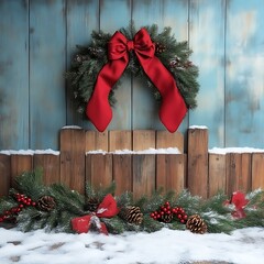 Christmas wreath on a rustic wooden fence, snow-covered