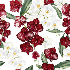Beautiful seamless pattern with red, burgundy orchid flowers.