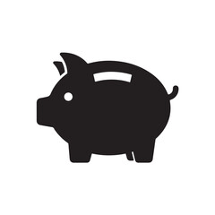 Flat Black Piggy Bank Vector Icon on White Background