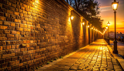 Illuminated brick wall path with lampposts at sunset cobblestone path golden hour