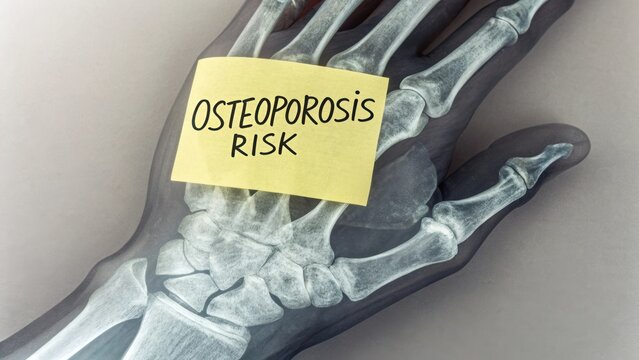 X-ray image of a human hand with a yellow sticky note indicating osteoporosis risk for medical education and health awareness - Powered by Adobe