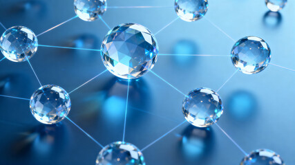 Network of interconnected transparent spheres on a blue background, resembling molecular or atomic structure