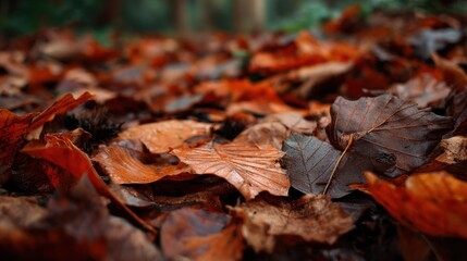 A ground-level close-up showcases a dense carpet of fallen autumn leaves in varying shades of brown, orange, and reddish-brown, exhibiting a damp, possibly wet appearance. 