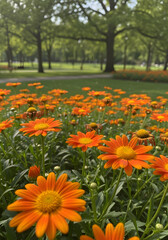 A vibrant field of orange daisies in a park, with lush green trees in the background