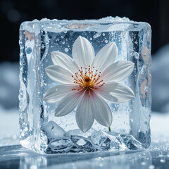 큐브 아이스 속에 맺힌 얼음꽃 실루엣