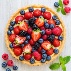 Obraz premium A delectable mixed berry tart showcases a medley of vibrant fresh berries on a buttery crust, a culinary masterpiece with visual appeal, representing freshness and taste.