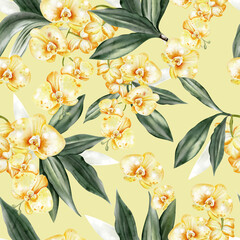 Beautiful seamless pattern with white and yellow orchid flowers.