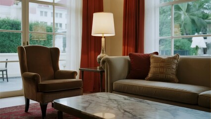 Fototapeta premium Cozy living room with beige sofa, armchair, marble coffee table, and large windows overlooking greenery