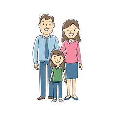 Cartoon illustration of a happy family standing together with a father mother and daughter