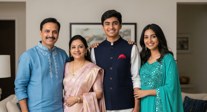 Happy indian family standing together in traditional attire - Powered by Adobe