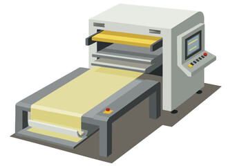 Isometric view of a fast poly form machine printing fabric. Clean, modern design with a focus on industrial production. Suitable for business and manufacturing themes.