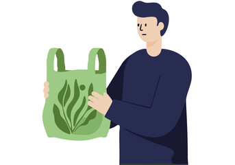 A man examines algae in a plastic bag, showcasing sustainable practices. Clean, modern illustration with a focus on environmental awareness.