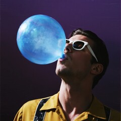Obraz premium Man blowing a large blue bubble gum bubble against a dark background