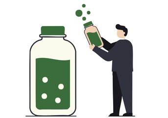 A professional examines algae in a bottle, showcasing a scientific process. Clean, modern illustration with a focus on detail and clarity.