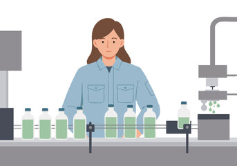 A female professional inspects bottles on a production line. Clean, modern setting with a focus on quality control. Bright, professional lighting.