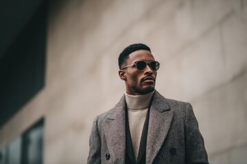 Fototapeta premium stylish man in tailored wool coat, sunglasses, neutral tones outfit, clean modern background, quiet luxury fashion