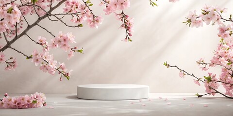 Serene Spring Blossom Product Display: Minimalist White Platform with Delicate Pink Cherry Branches and Soft Light.