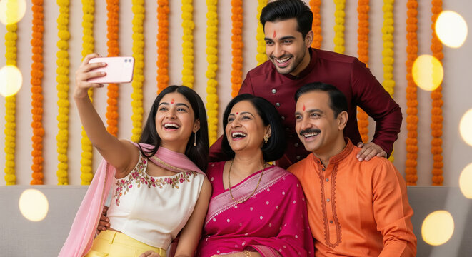 Happy indian family in festive traditional attire take a cheerful selfie together against a bright marigold garland backdrop - Powered by Adobe