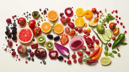 Artistic Arrangement of Fresh Colorful Fruits and Vegetables, Natural Daylight, f/8.0, Studio Product Photography Style