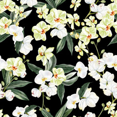 Beautiful seamless pattern with yellow and white flowers and green leaves of orchids.
